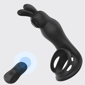 Vibrating Cock Ring with Rabbit Design, Rechargeable Penis Ring Vibrator with 12 Vibration Modes for Men, Silicone Waterproof Sex Toys for Adult Couples Black